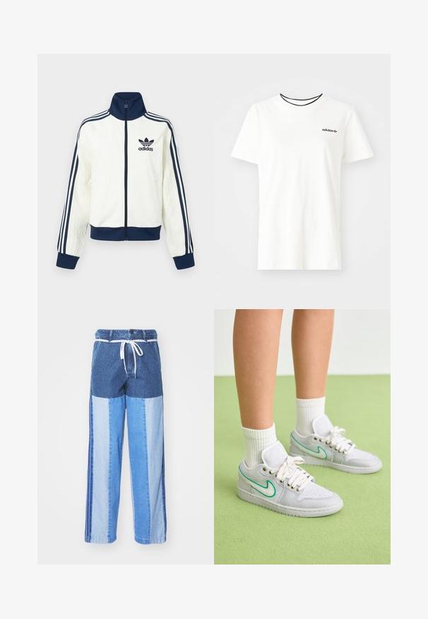 Bela atletska jakna z mornarsko modrim ovratnikom in manšetami, s tremi mornarsko modrimi črtami na vsaki roki ter embosirano teksturo na rokavih.; Bela bomba majica iz bombaža s kratkimi rokavi in okroglim izrezom. Ima črni Adidas logotip na prsih ter kontrastni črni notranji ovratnik.; Modre jeans hlače s patchwork dizajnom v različnih odtenkih modre, vrvico za prilagajanje na pasu in ohlapnimi, ravnimi nogavicami.; Bele superge z zelenimi detajli, zgornji del iz tkanine, oblazinjen ovratnik in bele vezalke; obute z rebrastimi belimi nogavicami na zeleni podlagi.