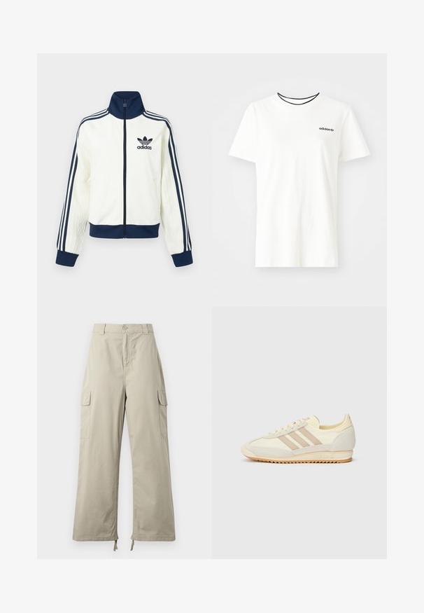 Bela atletska jakna z mornarsko modrim ovratnikom in manšetami, s tremi mornarsko modrimi črtami na vsaki roki ter embosirano teksturo na rokavih.; Bela bomba majica iz bombaža s kratkimi rokavi in okroglim izrezom. Ima črni Adidas logotip na prsih ter kontrastni črni notranji ovratnik.; Svetlo bež cargo hlače z ohlapnim krojem, z gumbom na zapenjanju, stranskimi žepi in nastavljivim robom s vezalkami. Gladka tekstura tkanine.; Kremna atletska teniska obutev z tremi bež črtami, usnjatom in tekstilnim materialom, teksturiranim podplatom ter embosiranim logotipom na peti.
