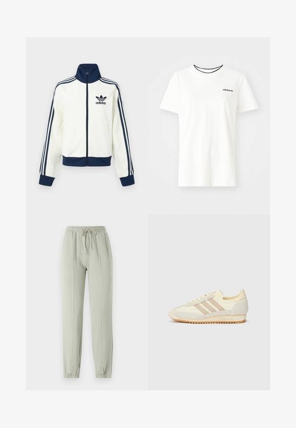 Bela atletska jakna z mornarsko modrim ovratnikom in manšetami, s tremi mornarsko modrimi črtami na vsaki roki ter embosirano teksturo na rokavih.; Bela bomba majica iz bombaža s kratkimi rokavi in okroglim izrezom. Ima črni Adidas logotip na prsih ter kontrastni črni notranji ovratnik.; Svetlozeleni trenirke z elastičnim pasom, nastavljivim vrvico in zoženimi manšetami. Imajo vertikalne šive vzdolž sprednje strani.; Kremna atletska teniska obutev z tremi bež črtami, usnjatom in tekstilnim materialom, teksturiranim podplatom ter embosiranim logotipom na peti.