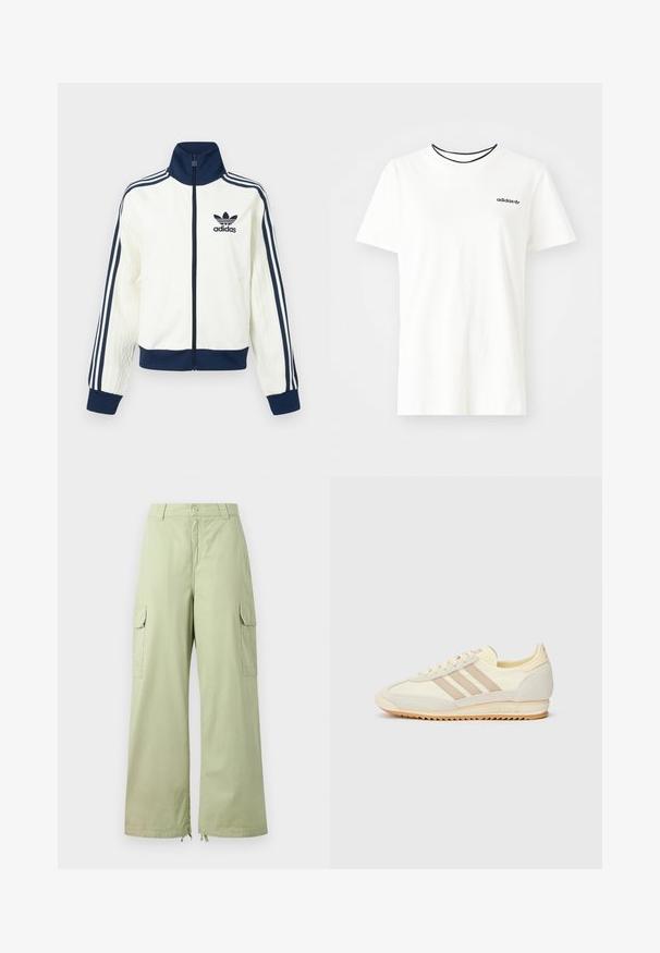 Hvit atletisk jakke med marineblå krage og mansjetter, med tre marineblå striper langs hver arm og en preget tekstur på ermene.; Hvit bomull t-skjorte med korte ermer og rund hals. Har en svart Adidas-logo på brystet og en kontrasterende svart indre krage.; Lysegrønne cargo-bukser med brede ben, lavet af bomuld. Har to sidelommer og knaplukning. Glat tekstur og afslappet design.; Kremfargede joggesko med tre beige striper, laget av semsket skinn og tekstilmaterialer, med en teksturert såle og preget merkevare på hælen.
