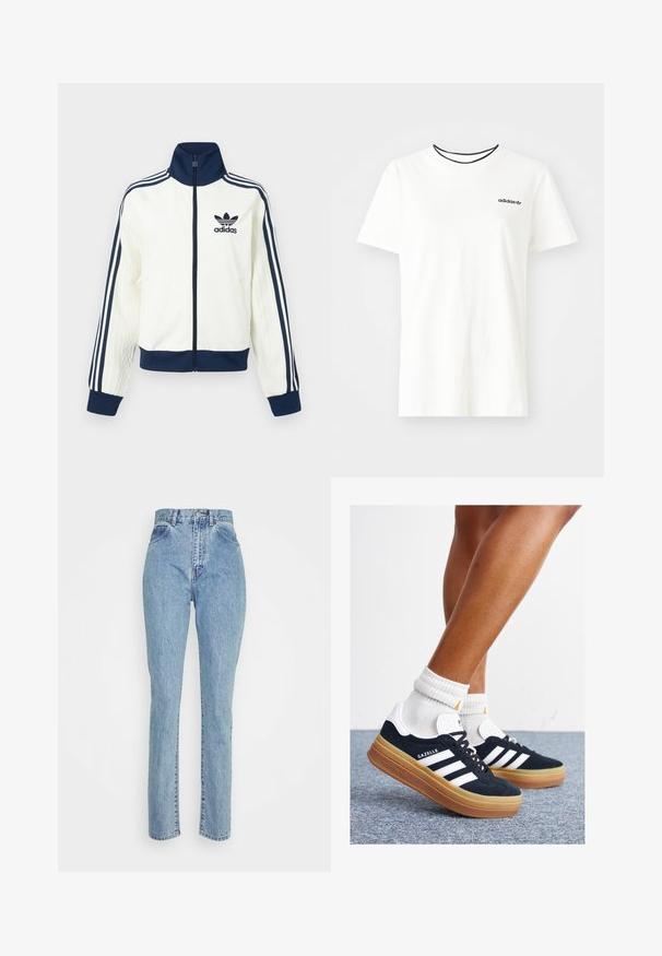Casaco desportivo branco com gola e punhos azul-marinho, apresenta três riscas azul-marinho ao longo de cada braço e uma textura em relevo nas mangas.; T-shirt de algodão branca com mangas curtas e decote redondo. Apresenta um logo preto da Adidas no peito e uma gola interna preta em contraste.; Jeans de alta cintura em azul claro, feitos de denim, com um design de perna reta, cinco bolsos e costura visível ao longo das costuras.; Ténis de camurça preta com riscas e detalhes brancos, biqueira arredondada, sola em borracha cor de goma, combinados com meias brancas caneladas até à altura do tornozelo.