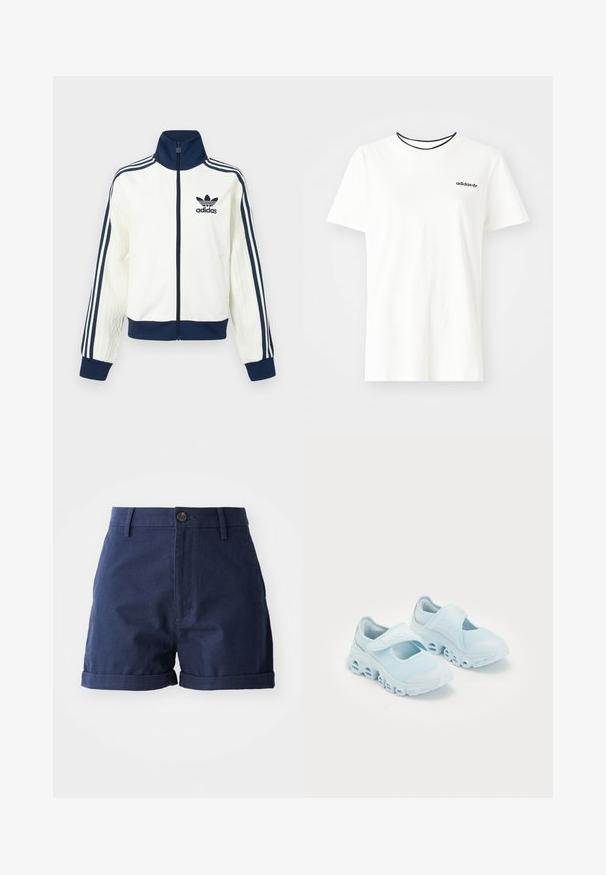 White athletic jacket with a navy collar and cuffs, features three navy stripes along each arm, and an embossed texture on the sleeves.; White cotton t-shirt with short sleeves and a round neckline. Features a black Adidas logo on the chest and a contrasting black inner collar.; Navy blue cotton shorts with a button front, folded hem, and side pockets; features a smooth texture and tailored design.; Light blue sneakers with mesh fabric, prominent cut-outs in the sole, and a Velcro strap across the top for secure fit.