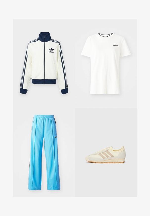 Casaco desportivo branco com gola e punhos azul-marinho, apresenta três riscas azul-marinho ao longo de cada braço e uma textura em relevo nas mangas.; T-shirt de algodão branca com mangas curtas e decote redondo. Apresenta um logo preto da Adidas no peito e uma gola interna preta em contraste.; Calças atléticas azul claro com uma cintura elástica, fechos laterais e detalhes pretos nas laterais. Tecido macio com um design solto e de perna larga.; Sapatilha atlética creme com três riscas bege, materiais em camurça e tecido, sola texturizada e logo em relevo no calcanhar.