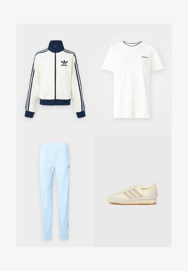 Hvit atletisk jakke med marineblå krage og mansjetter, med tre marineblå striper langs hver arm og en preget tekstur på ermene.; Hvit bomull t-skjorte med korte ermer og rund hals. Har en svart Adidas-logo på brystet og en kontrasterende svart indre krage.; Lyseblå treningbukser med en glatt tekstur, elastisk midje og subtilt mønster. Har en logo nær hoften og fargeaksenter ved kanten.; Kremfargede joggesko med tre beige striper, laget av semsket skinn og tekstilmaterialer, med en teksturert såle og preget merkevare på hælen.