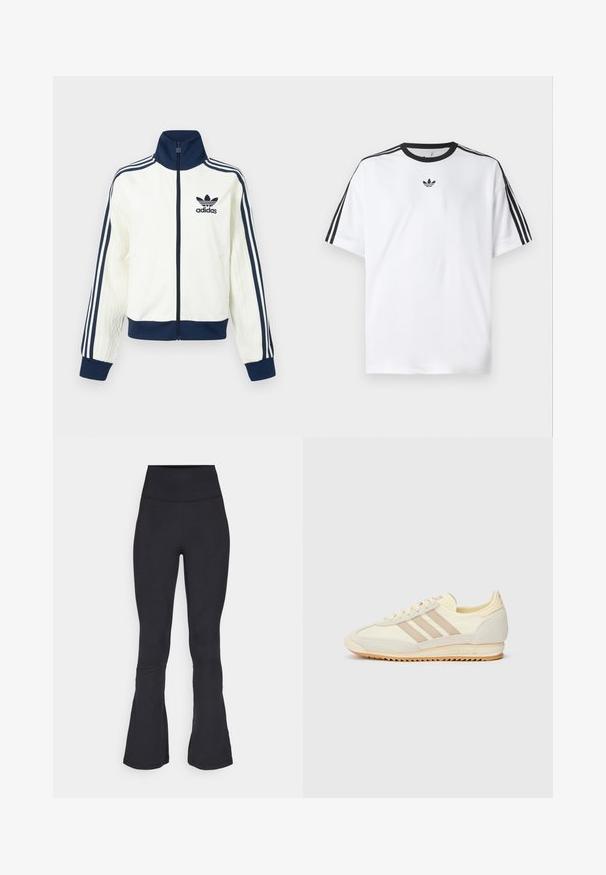 Biela atletická bunda s tmavomodrým golierom a manžetami, s tromi tmavomodrými pruhmi na každom rukáve a reliéfnou textúrou na rukávoch.; Biela tričko vyrobené z bavlny, so čiernym okrúhlym výstrihom a tromi čiernymi pruhmi na každom pleci. Malé čierne logo na hrudi.; Čierne rozšírené legíny vyrobené z elastického materiálu, s vysokým pásom, hladkou textúrou a jemnými švovými detailmi.; Krémové športové tenisky s tromi béžovými pruhmi, z kombinácie semišu a textilného materiálu, so štruktúrovanou podrážkou a reliéfne navrhnutým logom na päte.