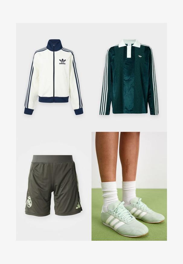 Weiße Sportjacke mit einem marineblauen Kragen und Bündchen, drei marineblaue Streifen entlang jedes Arms und einer geprägten Textur auf den Ärmeln.; Langärmliges Polohemd aus dunkelgrünem Samt mit weißen Akzenten. Verfügt über eine drei-Knopf-Leiste, ein gesticktes Logo und drei weiße Streifen an den Ärmeln.; Dunkelgrüne Sportshorts mit einem elastischen Bund, seitlichen Taschen und einem hellgrünen Logo am linken Unterschenkel.; Mintgrüne Sportschuhe mit weißen Streifen, glatte Ledertextur, runde Zehenkappe und Gummisohle, kombiniert mit weißen gerippten Socken.