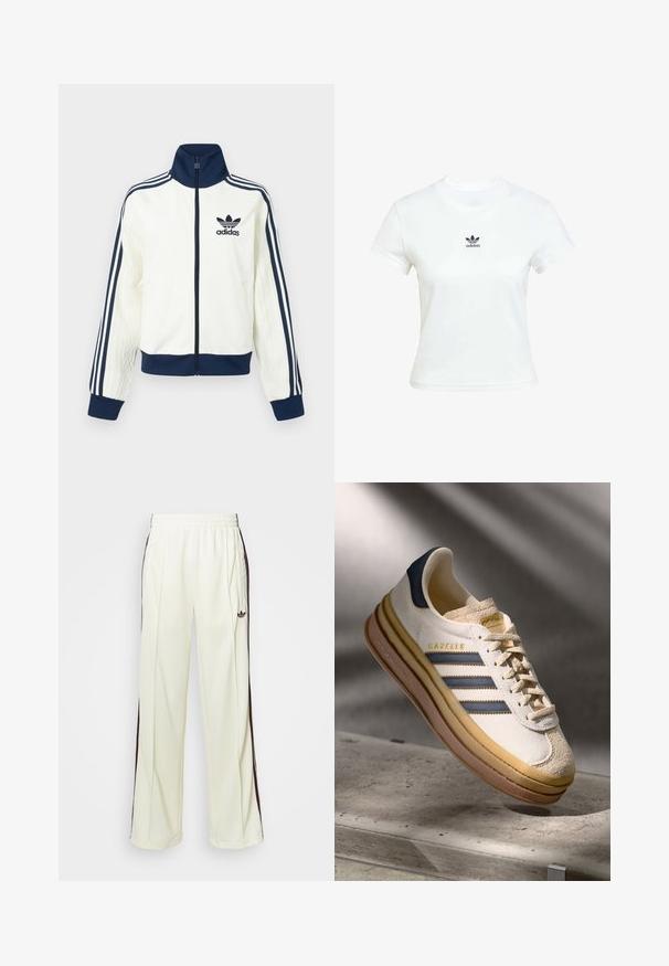 Biała sportowa kurtka z granatowym kołnierzem i mankietami, z trzema granatowymi paskami wzdłuż każdego ramienia oraz tłoczonym wzorem na rękawach.; Biała bawełniana koszulka z krótkim rękawem i okrągłym dekoltem. Posiada czarne logo Adidas nadrukowane na piersi. Prosty, minimalistyczny design.; Kremowe dresy o luźnym kroju, z ciemnobrązowymi paskami po bokach i wyhaftowanym logo na lewej udzie.; Sneaker Adidas Gazelle z cholewką z kremowego zamszu, niebieskimi skórzanymi akcentami, trzema niebieskimi paskami, beżową podeszwą środkową i brązową gumową podeszwą.