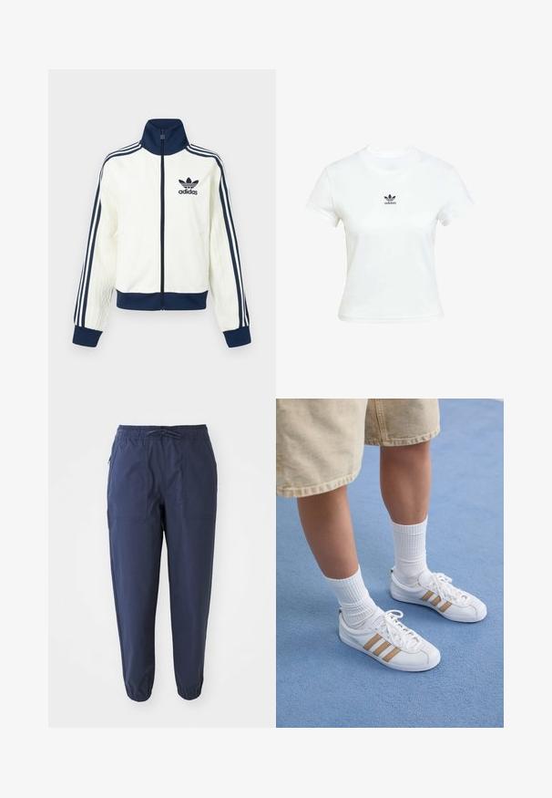 White athletic jacket with a navy collar and cuffs, features three navy stripes along each arm, and an embossed texture on the sleeves.; White cotton t-shirt with short sleeves and a crew neckline. Features a black Adidas logo printed on the chest. Simple, minimal design.; Navy blue jogger pants made of lightweight fabric, featuring an elastic waistband, drawstring, and two front pockets. Elastic cuffs at ankles.; White sneakers with three gold stripes, lace-up design, rubber sole, worn with ribbed white socks and beige shorts on a blue surface.