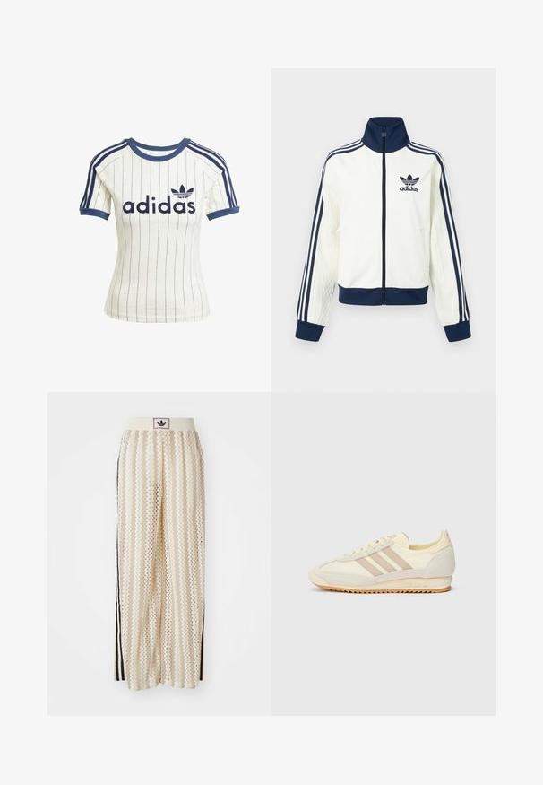 Weiße Sportjacke mit einem marineblauen Kragen und Bündchen, drei marineblaue Streifen entlang jedes Arms und einer geprägten Textur auf den Ärmeln.; Adidas T-Shirt in Weiß mit gestreiften Details und marineblauen Akzenten, rundem Halsausschnitt, kurzen Raglanärmeln und auffälligem "adidas"-Logo auf der Vorderseite.; Cremfarbene, weit geschnittene Hosen mit einem Zickzackmuster, ausgestattet mit einem schwarzen Logo-Bund und seitlichen schwarzen Streifen. Leichter, strukturierter Stoff.; Cremefarbene sportliche Sneakers mit drei beigen Streifen, aus Wildleder und Textilmaterialien, einer strukturierten Sohle und geprägtem Branding an der Ferse.