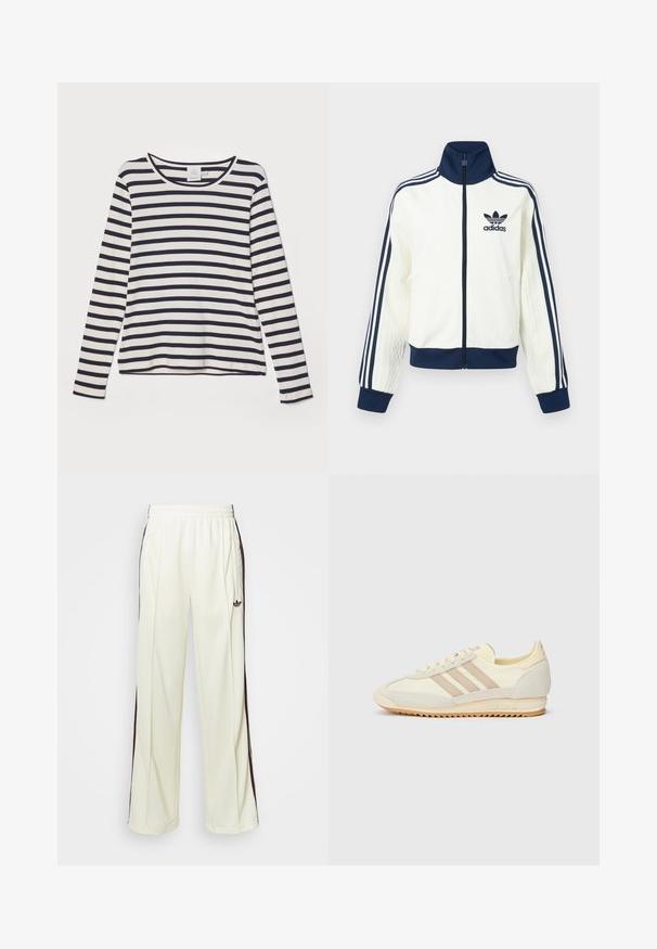 Bela atletska jakna z mornarsko modrim ovratnikom in manšetami, s tremi mornarsko modrimi črtami na vsaki roki ter embosirano teksturo na rokavih.; Majica z dolgimi rokavi v kremni barvi z mornarsko modrimi vodoravnimi črtami, z okroglim izrezom, rebrasto teksturo in sproščenim krojem.; Kremne hlače za treniranje s sproščenim krojem, ki imajo temno rjave stranske črte in vezeno logo na levem stegnu.; Kremna atletska teniska obutev z tremi bež črtami, usnjatom in tekstilnim materialom, teksturiranim podplatom ter embosiranim logotipom na peti.