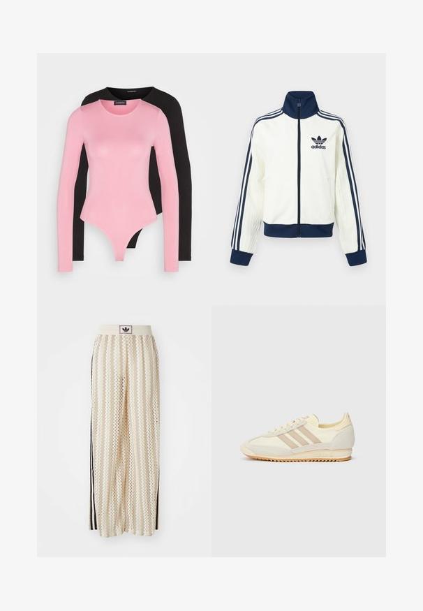 Hvit atletisk jakke med marineblå krage og mansjetter, med tre marineblå striper langs hver arm og en preget tekstur på ermene.; Langermede bodysuits i rosa og svart. Mykt, elastisk stoff med rund hals og tettsittende design, med en thong-kutt i bunnen.; Kremfargede bukser med brede ben og zigzag-mønster, med en svart logo-linning og svarte striper på siden. Lett, teksturert stoff.; Kremfargede joggesko med tre beige striper, laget av semsket skinn og tekstilmaterialer, med en teksturert såle og preget merkevare på hælen.