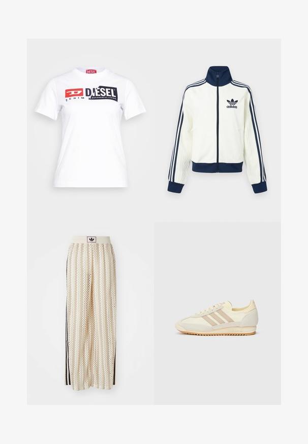 Casaco desportivo branco com gola e punhos azul-marinho, apresenta três riscas azul-marinho ao longo de cada braço e uma textura em relevo nas mangas.; T-shirt branca de algodão com decote redondo, apresentando uma ousada marcação em preto e vermelho da Diesel e o texto "DENIM" em um estilo contrastante. Mangas curtas.; Calças largas de cor creme com um padrão em zigzag, apresentando uma cintura com logotipo preto e riscas laterais pretas. Tecido leve e texturizado.; Sapatilha atlética creme com três riscas bege, materiais em camurça e tecido, sola texturizada e logo em relevo no calcanhar.