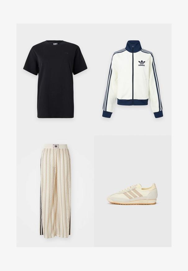 Hvit atletisk jakke med marineblå krage og mansjetter, med tre marineblå striper langs hver arm og en preget tekstur på ermene.; Svart bomull t-skjorte med rund hals, korte ermer, og en subtil logo detalj på venstre bryst. Glatt tekstur og avslappet passform.; Kremfargede bukser med brede ben og zigzag-mønster, med en svart logo-linning og svarte striper på siden. Lett, teksturert stoff.; Kremfargede joggesko med tre beige striper, laget av semsket skinn og tekstilmaterialer, med en teksturert såle og preget merkevare på hælen.