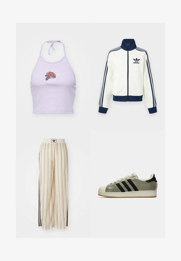 Valge sportjakk mereväe värvi krae ja mansettidega, millel on kolm mereväe triipu igal varrukal ning reljeefne tekstuur varrukatel.; Lilla nööriga crop top, mis on valmistatud puuvillast, sisaldab apelsini- ja tumesinisest roosi tikandit ning kaela juures sõlmimise võimalust.; Kreemivärvilised lai säärega püksid, millel on siksakmustrit, must logoga vööp ja külgmised mustad triibud. Kerge, tekstureeritud kangas.; Adidase tennised metallilise oliivivärvi pealisosa, kolm musta triipu, kummist varbakarpi ja kummist välistald. Klassikaline disain tekstureeritud kangaga.