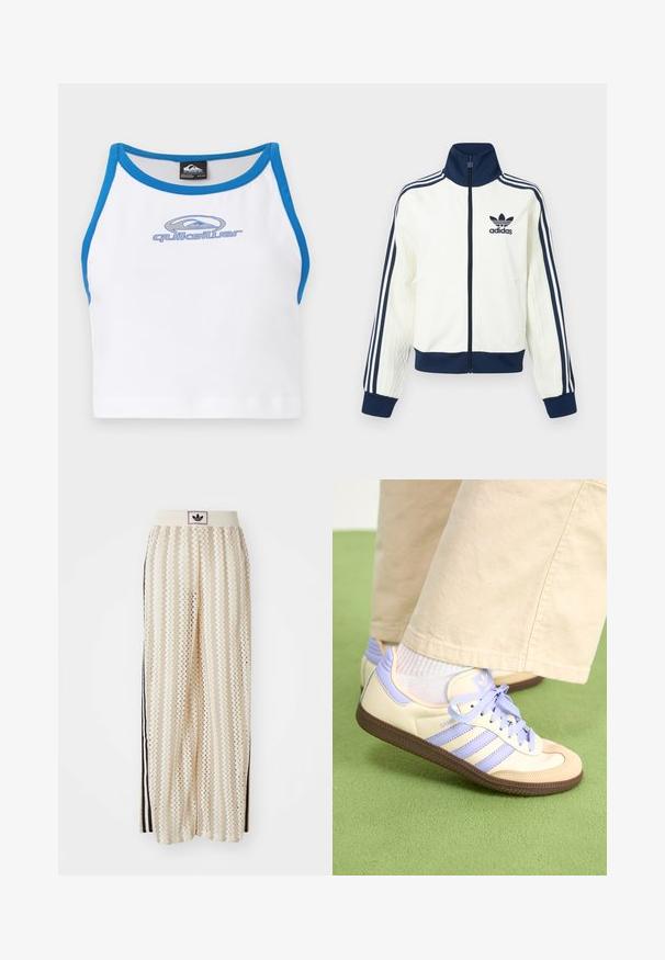 Chaqueta deportiva blanca con cuello y puños azul marino, presenta tres franjas azules a lo largo de cada brazo y una textura en relieve en las mangas.; Top corto blanco con ribete azul y un escote redondo. Presenta un logo de Quiksilver azul en la parte delantera. Hecho de un material suave y ligero.; Pantalones de pierna ancha en color crema con un patrón en zigzag, que cuentan con una cinturilla con logo negro y franjas negras en los laterales. Tejido ligero y texturizado.; Zapatillas de crema y lavanda con tres rayas y una suela marrón texturizada, que cuentan con cordones y un talón acolchado. Parte superior de tela suave.