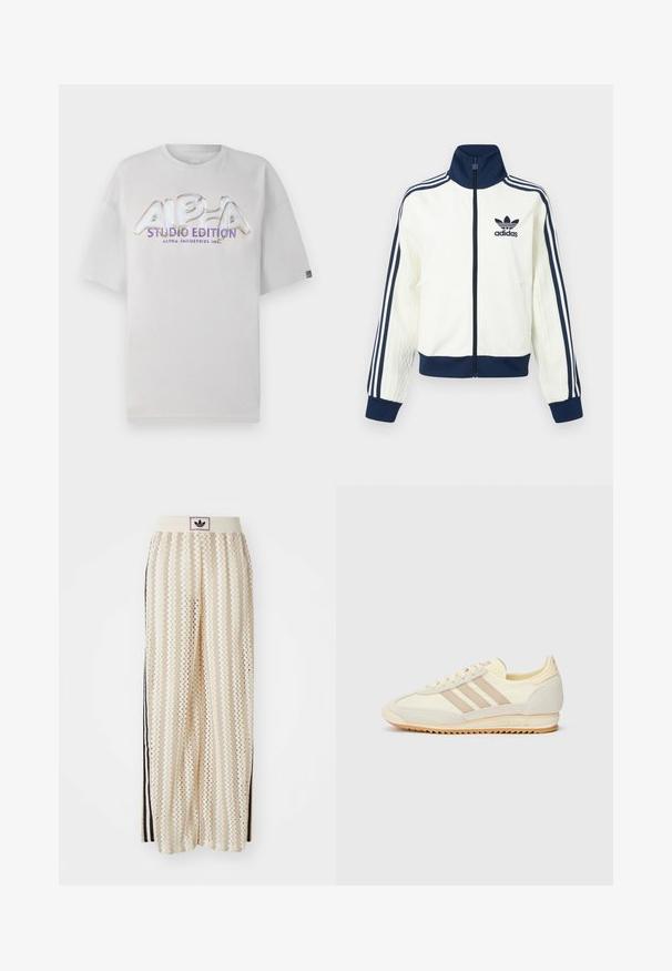 Wit sportjack met een marineblauwe kraag en manchetten, voorzien van drie marineblauwe strepen langs elke arm en een reliëfstructuur op de mouwen.; Witte T-shirt met korte mouwen en een ronde halslijn, voorzien van een glanzend, multicolored "ALPHA STUDIO EDITION" logo op de voorkant.; Crème kleurige wijde broek met een zigzagpatroon, met een zwarte logo tailleband en zij zwarte strepen. Lichtgewicht, gestructureerde stof.; Crème sport sneaker met drie beige strepen, suède en textielmaterialen, een gestructureerde zool en geperst logo op de hiel.