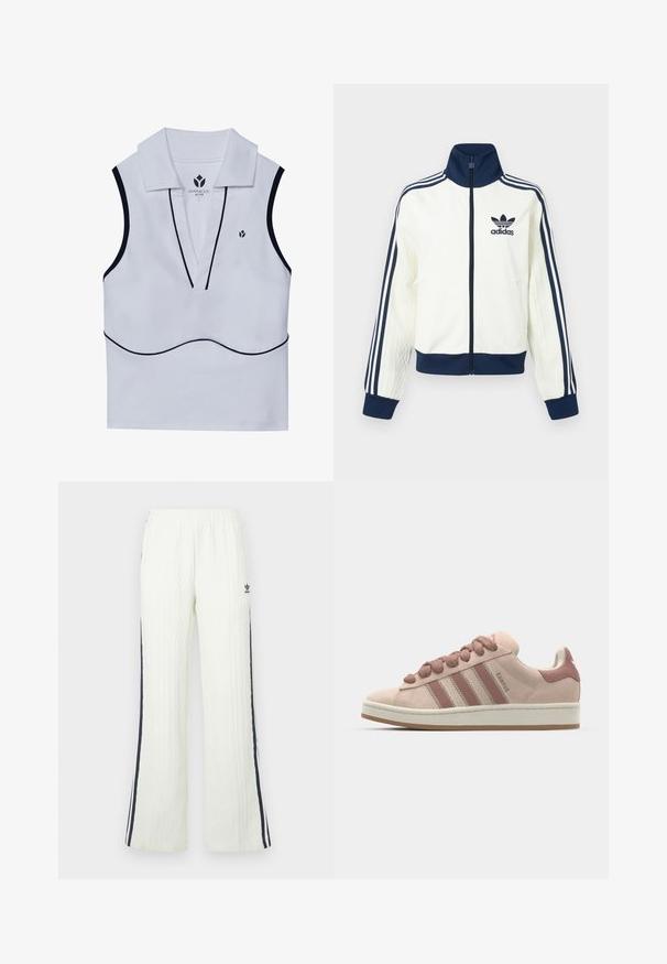 Giacca sportiva bianca con colletto e polsini blu navy, presenta tre strisce blu navy lungo ogni braccio e una texture in rilievo sulle maniche.; Top attivo bianco senza maniche con colletto, scollatura a V profonda, dettagli in nero e un piccolo logo nell'angolo in alto a sinistra.; Pantaloni in maglia a treccia color crema chiaro con design svasato. Presentano strisce laterali blu scuro e un logo Adidas sull'anca. Vita elastica.; Sneaker in suede rosa con tre strisce di un rosa più scuro, lacci rotondi e una suola intermedia bianca. Progettate con un collare imbottito per il comfort.