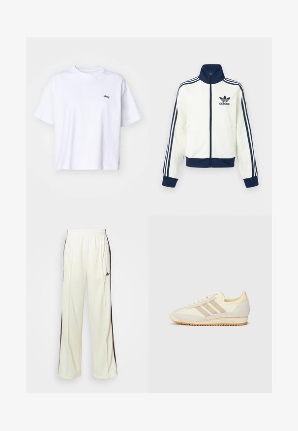 Balta sportinė striukė su tamsiai mėlynu apykakle ir rankogaliais, su trimis tamsiai mėlynomis juostelėmis ant kiekvienos rankovės ir iškilio tekstūra rankovėse.; Balta medvilnės marškinėlė su trumpomis rankovėmis ir apvaliu kaklu. Kairėje krūtinės pusėje yra mažas juodas „obey“ logotipas.; Kreminės spalvos laisvos kelnės, turinčios tamsiai rudas šonines juostas ir išsiuvinėtą logotipą kairiajame šlaunyje.; Kreminių spalvų sportiniai bateliai su trimis bežinėmis juostelėmis, pagaminti iš zomšos ir tekstilės medžiagų, su tekstūruota baze ir įspaustu prekiniu ženklu ant kulno.