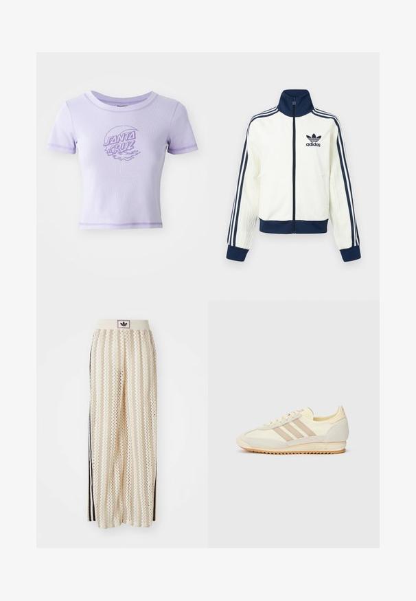 Casaco desportivo branco com gola e punhos azul-marinho, apresenta três riscas azul-marinho ao longo de cada braço e uma textura em relevo nas mangas.; T-shirt ajustada roxa com mangas curtas, decote redondo e costura em contraste. Apresenta um design gráfico "SANTA CRUZ" na parte da frente.; Calças largas de cor creme com um padrão em zigzag, apresentando uma cintura com logotipo preto e riscas laterais pretas. Tecido leve e texturizado.; Sapatilha atlética creme com três riscas bege, materiais em camurça e tecido, sola texturizada e logo em relevo no calcanhar.