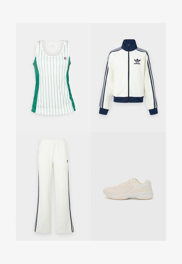 Fehér sportdzseki tengerészkék gallérral és mandzsettával, mindkét karján három tengerészkék csíkkal, a ujjain dombornyomott textúrával.; Fehér ujjatlan póló zöld oldalsó panelek és függőleges zöld csíkokkal. Simává textúrált anyagból készült, a mellkason egy kis logó található. Kerek nyakkivágás.; Világos krémszínű, kötött mintás, bővülő szabású nadrág. Sötétkék oldalsávokkal és Adidas logóval a csípőnél. Rugalmas derékpánt.; Világos bézs színű sportcipő, texturált felsőrésszel, kontrasztos fehér részletekkel, kerek orral és rugalmas gumitalppal.