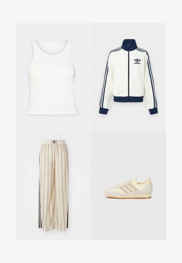 Balta sporta jaka ar tumši zilu apkakli un aprocēm, katrā rokā trīs tumši zili svītriņi un reljefs uz piedurknēm.; Balts ribots bez piedurknēm topiņš ar noapaļotu kakla izgriezumu. Mīksta tekstūra, pieguļoša forma un taisns apmale. Nav rakstu vai akcentu.; Krēmbalti plaša piegriezuma bikses ar zigzaga rakstu, ar melnu logotipa jostu un melnām sānu svītrām. Viegls, teksturēts audums.; Krēma krāsas sporta apavi ar trim beiga joslām, izgatavoti no zamša un tekstila materiāliem, ar fakturētu zoli un iegravētu zīmolu uz papēža.