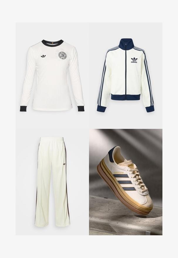 Fehér sportdzseki tengerészkék gallérral és mandzsettával, mindkét karján három tengerészkék csíkkal, a ujjain dombornyomott textúrával.; Fehér, hosszú ujjú focimez bordázott textúrával, fekete gallérral és mandzsettákkal, fekete logóval szöveggel és adidas emblémával a mellkason.; Krémszínű, laza szabású melegítőnadrág, sötétbarna oldalsávokkal és hímzett logóval a bal combon.; Adidas Gazelle sneaker, krém színű velúr felsőrésszel, kék bőr részletekkel, három kék csíkkal, bézs középtalppal és barna gumitalppal.