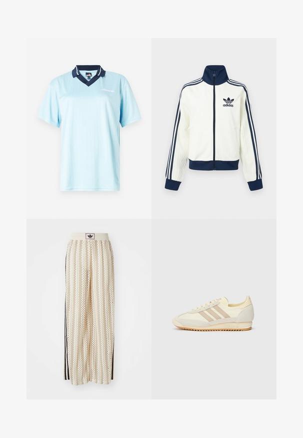 Biała sportowa kurtka z granatowym kołnierzem i mankietami, z trzema granatowymi paskami wzdłuż każdego ramienia oraz tłoczonym wzorem na rękawach.; Jasnoniebieska koszulka polo z krótkim rękawem i granatowym kołnierzykiem. Pionowe prążki i akcent z logo z przodu. Gładki, lekki materiał.; Kremowe szerokie spodnie w stylu palazzo z wzorem w zygzak, z czarnym paskiem z logo oraz bocznymi czarnymi paskami. Lekki, teksturowany materiał.; Kremowe sportowe sneakersy z trzema beżowymi paskami, wykonane z zamszu i materiałów tekstylnych, z teksturowaną podeszwą oraz wytłoczonym logo na pięcie.