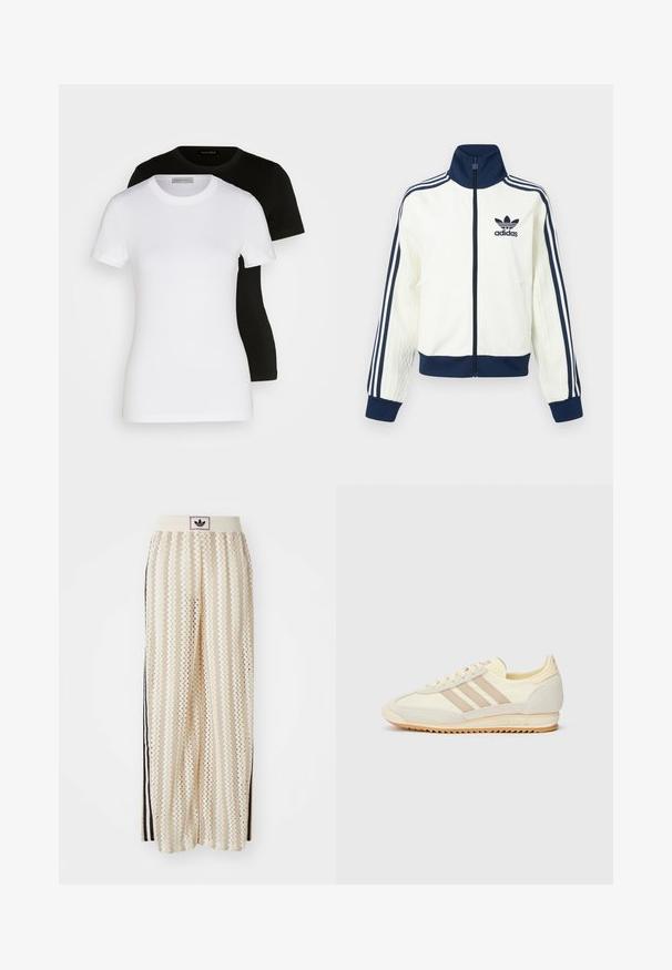 Jachetă sport albă cu guler și manșete bleumarin, cu trei dungi bleumarin de-a lungul fiecărui braț și cu o textură embosată pe mâneci.; Două tricouri cu mânecă scurtă, negre și albe. Realizate din bumbac neted, cu un guler rotund clasic și o croială regulată.; Pantaloni largi de culoare crem, cu un model în zigzag, având un brâu cu logo negru și dungi laterale negre. Material ușor, texturat.; Adidași atletici crem cu trei dungi bej, realizati din materiale din suede și textil, cu o talpă texturată și un logo embosat pe toc.