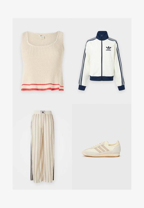 Bela atletska jakna z mornarsko modrim ovratnikom in manšetami, s tremi mornarsko modrimi črtami na vsaki roki ter embosirano teksturo na rokavih.; Kremno obarvana rebrasta majica brez rokavov s krožnim izrezom in rdečo vodoravno črto na robu. Mehak, teksturiran material s sproščenim krojem.; Hlače širokega kroja kremne barve z zigzag vzorcem, opremljene z črnim logotipom na pasu in stranskimi črnimi črtami. Lahka, teksturirana tkanina.; Kremna atletska teniska obutev z tremi bež črtami, usnjatom in tekstilnim materialom, teksturiranim podplatom ter embosiranim logotipom na peti.