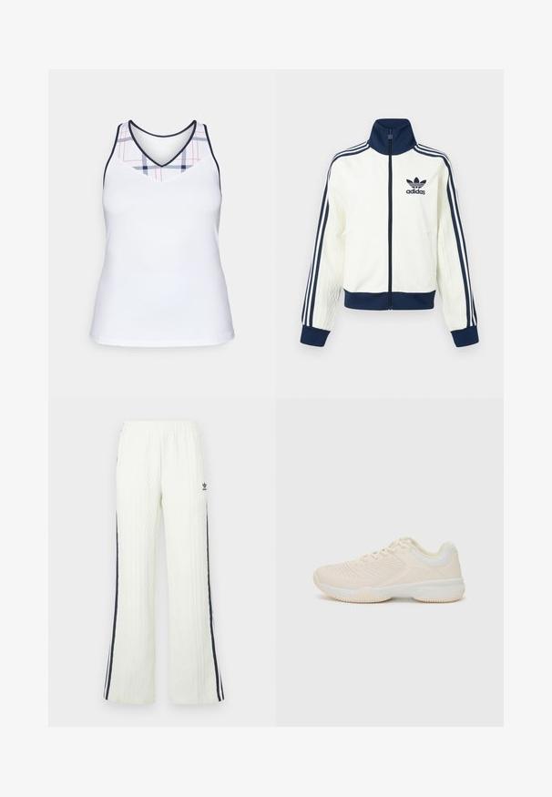 White athletic jacket with a navy collar and cuffs, features three navy stripes along each arm, and an embossed texture on the sleeves.; White athletic tank top featuring a v-neck and a checkered pattern in navy and red on the upper part. Smooth, lightweight fabric.; Light cream, cable-knit pants with a flared design. Features dark blue side stripes and an Adidas logo on the hip. Elastic waistband.; Light beige athletic shoe with a textured upper, contrasting white accents, a round toe, and a flexible rubber sole.