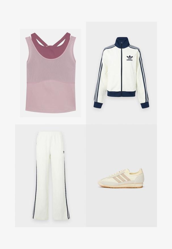Weiße Sportjacke mit einem marineblauen Kragen und Bündchen, drei marineblaue Streifen entlang jedes Arms und einer geprägten Textur auf den Ärmeln.; Even&Odd active Top - light pink/mauve; Helle cremefarbene Strickhose mit Zopfmuster und ausgestelltem Schnitt. Verfügt über dunkelblaue Seitenstreifen und ein Adidas-Logo an der Hüfte. Elastischer Bund.; Cremefarbene sportliche Sneakers mit drei beigen Streifen, aus Wildleder und Textilmaterialien, einer strukturierten Sohle und geprägtem Branding an der Ferse.