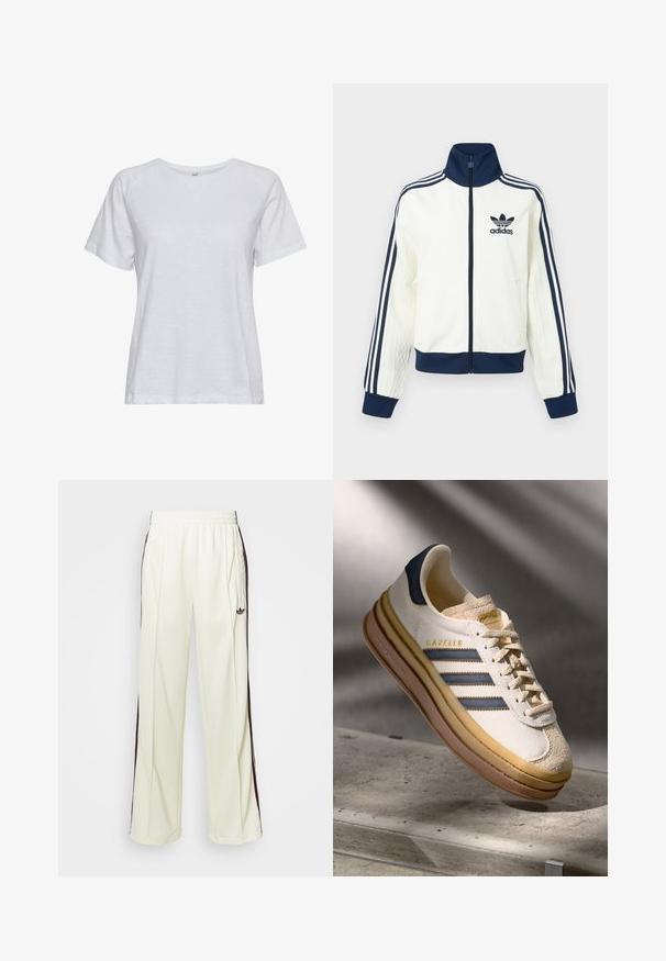 Valge sportjakk mereväe värvi krae ja mansettidega, millel on kolm mereväe triipu igal varrukal ning reljeefne tekstuur varrukatel.; Valge lühikeste varrukatega T-särk kerge kangaga, ümmarguse kaelusega, sujuva tekstuuri ja lihtsa mustrita kujundusega.; Kreemivärvi lõdvalt istuvad dressipüksid, mis on varustatud tumeda pruuniga külgtriipudega ja vasakul reiel tikitud logoga.; Adidas Gazelle tennis, mille kreemjas nubukist ülemine osa, sinised nahkdetailid, kolm sinist triipu, beež vaheosa ja pruun kummipohjaga.