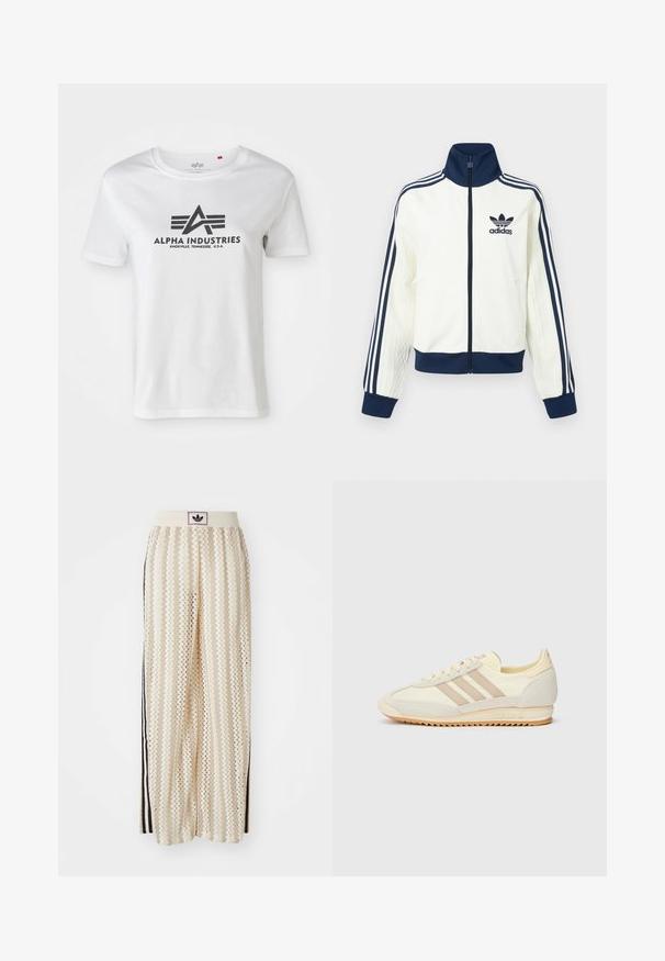 Veste de sport blanche avec un col et des poignets bleu marine, présentant trois bandes bleu marine le long de chaque bras, et une texture embossée sur les manches.; T-shirt en coton blanc à manches courtes avec un logo noir imprimé avec des ailes et le texte "ALPHA INDUSTRIES", col rond et coupe décontractée.; Pantalons larges crème avec un motif en zigzag, dotés d'une ceinture logo noire et de bandes noires sur les côtés. Tissu léger et texturé.; Sneaker athlétique crème avec trois rayures beiges, en matériaux en suède et textile, une semelle texturée et une marque en relief sur le talon.