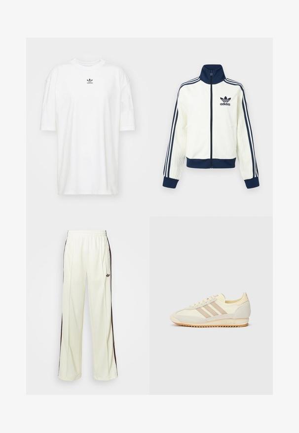 Chaqueta deportiva blanca con cuello y puños azul marino, presenta tres franjas azules a lo largo de cada brazo y una textura en relieve en las mangas.; adidas Originals TEE - Camiseta básica - cloud white; Pantalones de chándal color crema con un corte relajado, que cuentan con rayas laterales marrón oscuro y un logo bordado en el muslo izquierdo.; Zapatilla deportiva crema con tres rayas beige, materiales de ante y textil, una suela texturizada y un logotipo en relieve en el talón.
