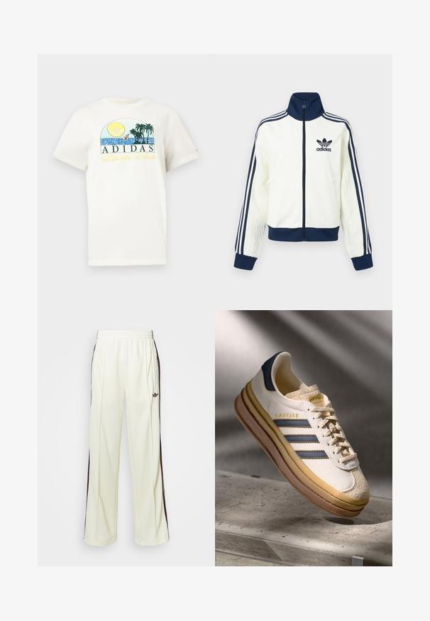 Casaco desportivo branco com gola e punhos azul-marinho, apresenta três riscas azul-marinho ao longo de cada braço e uma textura em relevo nas mangas.; T-shirt de algodão branco com um design gráfico apresentando um sol, palmeiras e água. "ADIDAS Sports Club" impresso em verde e amarelo.; Calças de moletom de cor creme com um ajuste descontraído, apresentando riscas laterais castanhas-escuras e um logótipo bordado na coxa esquerda.; Sapatilha Adidas Gazelle com parte superior em camurça creme, detalhes em couro azul, três riscas azuis, entresola bege e sola de borracha castanha.