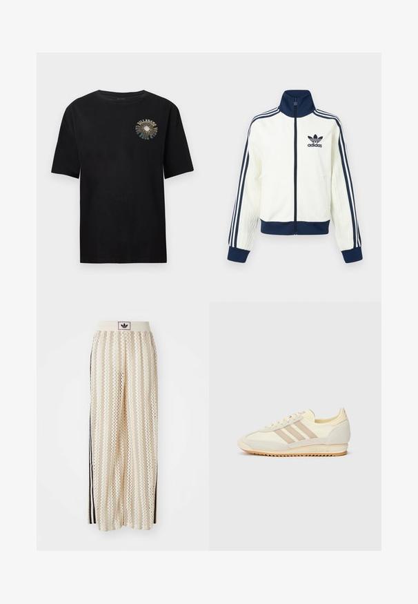 Bijela sportska jakna s tamnoplavim ovratnikom i manšetama, s tri tamnoplave pruge na svakom rukavu i reljefnom teksturom na rukavima.; Crna majica s kratkim rukavima izrađena od mekanog pamuka. Sadrži šareni grafički natpis na prsima s tekstom "BULLDOGS". Klasičan okrugli izrez.; Pantalone širokog kroja krem boje s zigzag uzorkom, koji sadrži sivi pojas s crnim logotipom i bočne crne pruge. Lagani, teksturirani materijal.; Kremaste atletske tenisice s tri bež pruge, od nubuk kožne i tekstilne tkanine, s teksturiranim potplatom i utisnutim brendiranjem na peti.