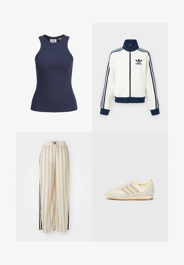 Hvit atletisk jakke med marineblå krage og mansjetter, med tre marineblå striper langs hver arm og en preget tekstur på ermene.; Mørkeblå rippet tanktop med høy hals og uten ermer. Har en tettsittende fasong og elastisk tekstur. Merke synlig inni.; Kremfargede bukser med brede ben og zigzag-mønster, med en svart logo-linning og svarte striper på siden. Lett, teksturert stoff.; Kremfargede joggesko med tre beige striper, laget av semsket skinn og tekstilmaterialer, med en teksturert såle og preget merkevare på hælen.