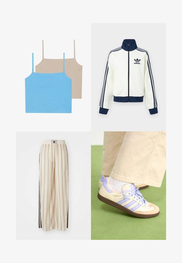 Valge sportjakk mereväe värvi krae ja mansettidega, millel on kolm mereväe triipu igal varrukal ning reljeefne tekstuur varrukatel.; Even&Odd 2 PACK - Topp - azure blue/simply taupe; Kreemivärvilised lai säärega püksid, millel on siksakmustrit, must logoga vööp ja külgmised mustad triibud. Kerge, tekstureeritud kangas.; Kreemi ja lavendlivärvi tenniset, millel on kolm triipu ja tekstuuriga pruun tall, varustatud paelte ja pehmendatud kontsaga. Pehme kangast ülemine osa.