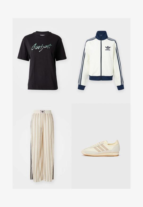Bijela sportska jakna s tamnoplavim ovratnikom i manšetama, s tri tamnoplave pruge na svakom rukavu i reljefnom teksturom na rukavima.; Crna pamučna majica s kratkim rukavima, s sjajnim zelenim ispisom "Carhartt" preko prsa. Klasična okrugla izreza.; Pantalone širokog kroja krem boje s zigzag uzorkom, koji sadrži sivi pojas s crnim logotipom i bočne crne pruge. Lagani, teksturirani materijal.; Kremaste atletske tenisice s tri bež pruge, od nubuk kožne i tekstilne tkanine, s teksturiranim potplatom i utisnutim brendiranjem na peti.