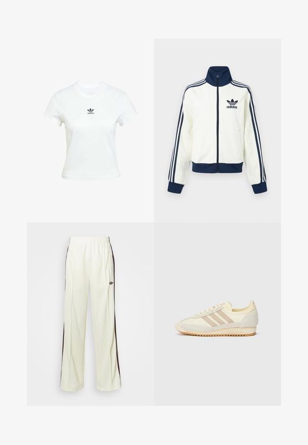Giacca sportiva bianca con colletto e polsini blu navy, presenta tre strisce blu navy lungo ogni braccio e una texture in rilievo sulle maniche.; T-shirt di cotone bianca con maniche corte e scollo rotondo. Presenta un logo Adidas nero stampato sul petto. Design semplice e minimale.; Pantaloni sportivi color crema con vestibilità rilassata, caratterizzati da strisce laterali marrone scuro e un logo ricamato sulla coscia sinistra.; Sneaker sportivo crema con tre strisce beige, materiali in suede e tessuto, suola testurizzata e logo in rilievo sul tallone.