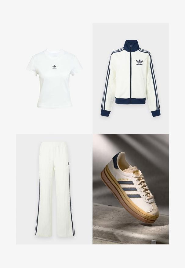 Vit sportjacka med mörkblå krage och mudd, med tre mörkblå ränder längs varje ärm och en präglad struktur på ärmarna.; Vit bomullströja med korta ärmar och rundad halsringning. Har en svart Adidas-logga tryckt på bröstet. Enkel, minimal design.; Ljuskrämfärgade, kabelstickade byxor med utsvängd design. Har mörkblå sidostripes och en Adidas-logotyp på höften. Elastisk midjeband.; Adidas Gazelle-sneaker med en överdel i creamfärgad mocka, blå läderdetaljer, tre blå ränder, en beige mellansula och en brun gummisula.