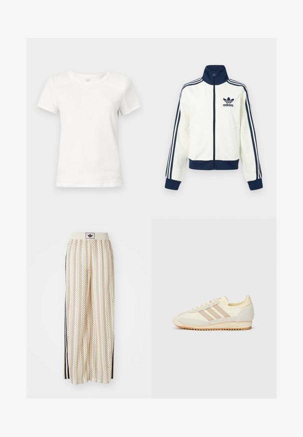 Weiße Sportjacke mit einem marineblauen Kragen und Bündchen, drei marineblaue Streifen entlang jedes Arms und einer geprägten Textur auf den Ärmeln.; Weißes Baumwoll-T-Shirt, kurze Ärmel, Rundhalsausschnitt, glatte Textur, gerader Schnitt, Etiketten im Kragen sichtbar, keine grafischen Designs oder Verzierungen.; Cremfarbene, weit geschnittene Hosen mit einem Zickzackmuster, ausgestattet mit einem schwarzen Logo-Bund und seitlichen schwarzen Streifen. Leichter, strukturierter Stoff.; Cremefarbene sportliche Sneakers mit drei beigen Streifen, aus Wildleder und Textilmaterialien, einer strukturierten Sohle und geprägtem Branding an der Ferse.
