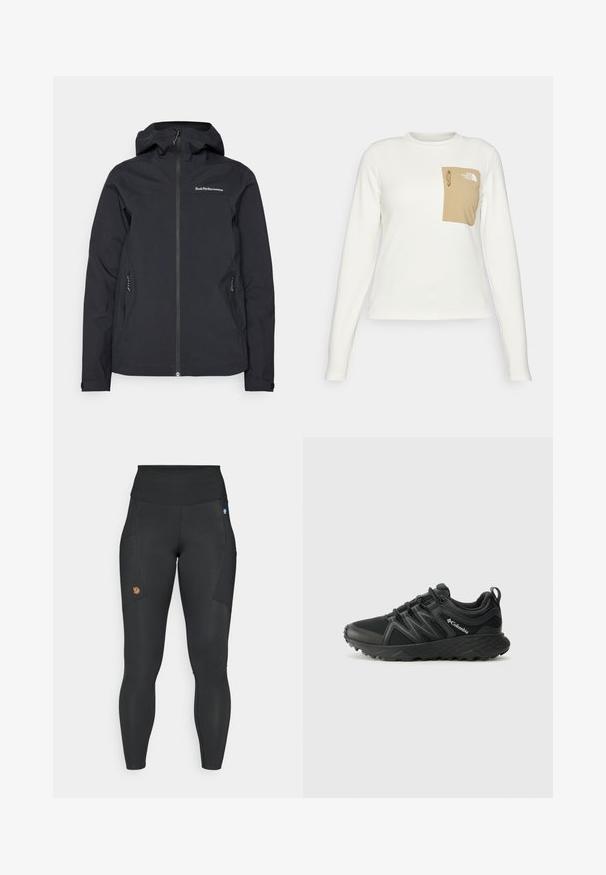 Schwarze wasserdichte Jacke mit Kapuze, Frontreißverschluss, zwei Seitentaschen und Logodetails auf der Brust. Glatte Textur und modernes Design.; Weißes Langarmhemd aus strukturiertem Stoff mit einer beigen aufgesetzten Tasche, die einen Kordelzug und ein Logo trägt.; Schwarze Leggings aus elastischem Material mit hohem Bund, seitlichen Taschen und einem kleinen braunen Logo-Patch auf dem linken Oberschenkel.; Columbia PEAKFREAK - Hikingschuh - black