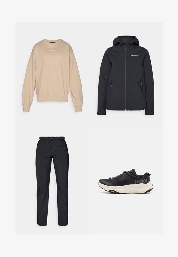 Zwarte waterdichte jas met een capuchon, voorrits, twee zijzakken en logodetails op de borst. Soepele textuur en modern ontwerp.; Beige sweatshirt van zachte stof, met een ronde hals, ribgebreide boorden en een klein wit logo op de borst. Gestructureerde en relaxed fit.; Zwarte, lichte, waterdichte broek met elastische tailleband en twee zijzakken; gladde textuur; recht model.; Zwarte sportschoenen met een ademend bovenwerk van mesh, rubberen buitenzool, witte dempende tussenzool en reflecterende veters. Vibram-logo op de buitenzool.