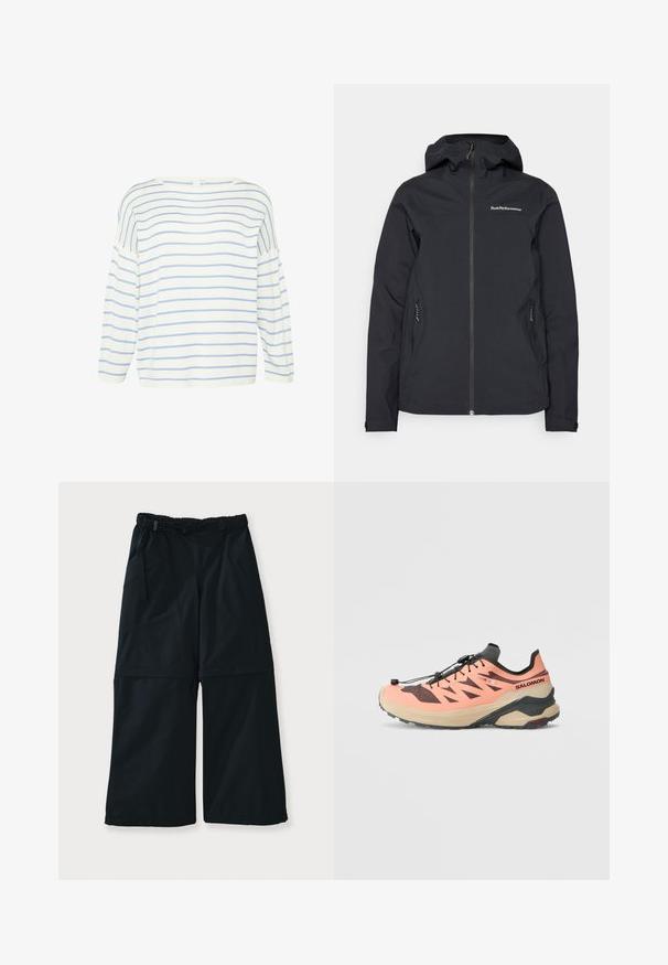 Melnā ūdensnecaurlaidīgā jaka ar kapuci, priekšējo rāvējslēdzēju, divām sānu kabatām un logotipa detaļām uz krūšu daļas. Gluda tekstūra un mūsdienīgs dizains.; Balta garās piedurknes blūze ar zilām horizontālām svītrām. Iezīmē plašu kakla izgriezumu un brīvu siluetu, izgatavota no mīkstas auduma ar gludu tekstūru.; Melnas platās bikses ar elastīgu jostu un regulējamu saiti, divām sānu kabatām un gludu auduma faktūru.; Skriešanas apavi ar rozā persiku un melnu krāsu. Iespējas ietver teksturētu augšdaļu ar diagonāliem griezumiem, biezu bēšīgu zoli un melnu ātrās sasaistes sistēmu.