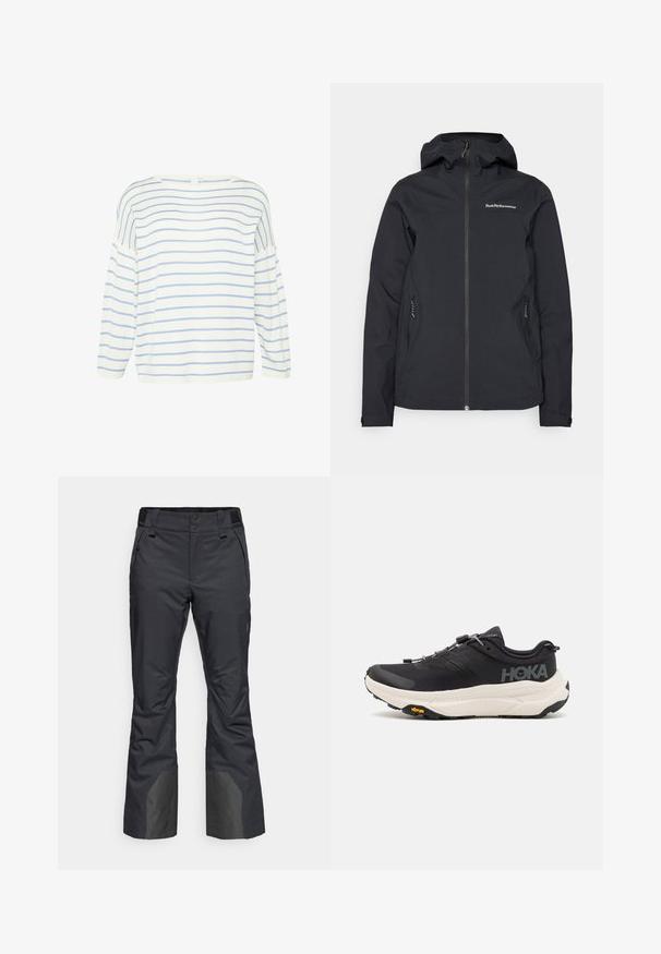 Zwarte waterdichte jas met een capuchon, voorrits, twee zijzakken en logodetails op de borst. Soepele textuur en modern ontwerp.; Witte lange mouwen top met blauwe horizontale strepen. Heeft een wijde halslijn en een losse fit, gemaakt van zachte stof met een gladde textuur.; Zwarte sneeuwbroeken gemaakt van duurzaam materiaal, met een rechte pijpdesign, ingesneden zakken en versterkte onderpanelen voor extra bescherming.; Zwarte sportschoenen met een ademend bovenwerk van mesh, rubberen buitenzool, witte dempende tussenzool en reflecterende veters. Vibram-logo op de buitenzool.