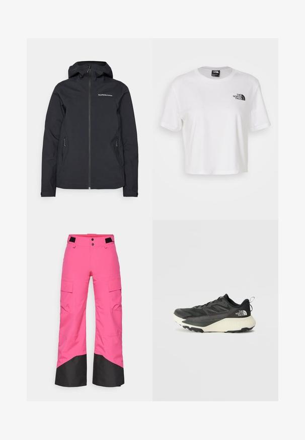 Schwarze wasserdichte Jacke mit Kapuze, Frontreißverschluss, zwei Seitentaschen und Logodetails auf der Brust. Glatte Textur und modernes Design.; Weißes, kurzes T-Shirt aus Baumwolle mit Rundhalsausschnitt und kurzen Ärmeln. Mit einem schwarzen Logo auf der linken Brust.; Rosa Skihosen mit schwarzem unteren Teil, aus strapazierfähigem Material gefertigt. Verfügt über Cargo-Taschen und ein weites Bein-Design für Komfort und Beweglichkeit.; Schwarzer Sportschuh mit strukturiertem Obermaterial, ausgestattet mit grauen Akzenten und einer weißen Zwischensohle. Enthält eine Zuglasche und ein markantes Markenlogo an der Ferse.