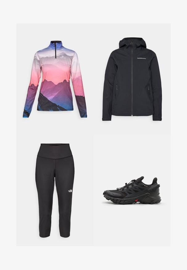 Mustat vesitiiviit takki hupparin kanssa, etuvetoketju, kaksi sivutaskua ja logo yksityiskohtina rinnassa. Sujuva pinta ja moderni muotoilu.; Pitkähihainen vetoketjullinen paita, jossa on vuoristomaisemakuvaus purppuran, vaaleanpunaisen ja sinisen sävyissä, jossa on "FIRE+ICE" -logo rinnassa.; Mustat capri-collegehousut, jotka on valmistettu joustavasta kankaasta. Ne sisältävät korkean vyötärön ja pienen valkoisen logon vasemmalla puolella. Silkkinen pinta.; Musta urheilukenkä, jossa on teksturoitu päällinen, turvallinen nauhoitusjärjestelmä, pehmeä pohja ja erottuva punainen yksityiskohta sivulla.
