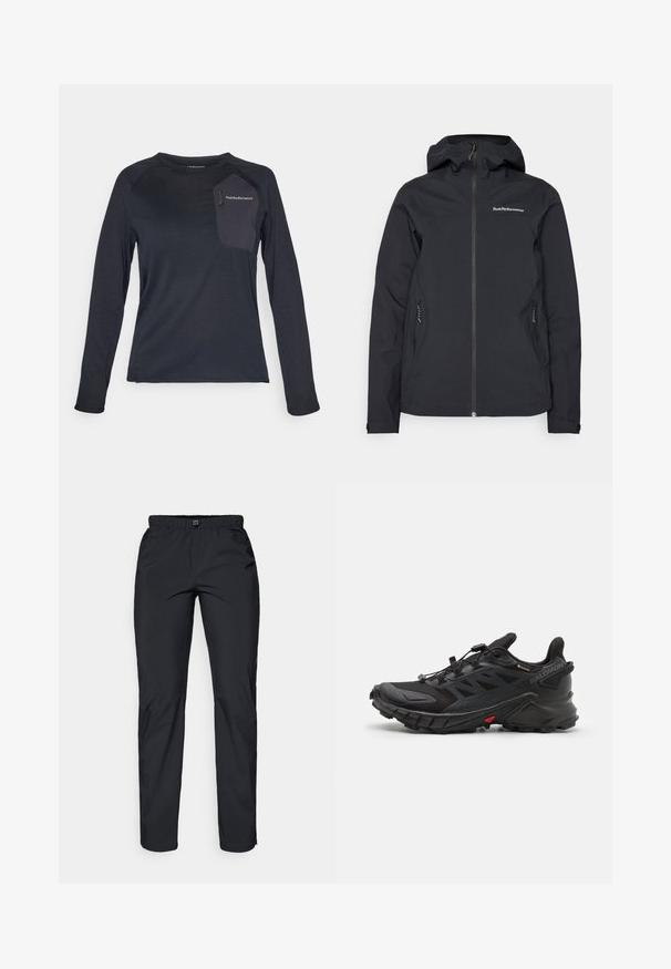 Melnā ūdensnecaurlaidīgā jaka ar kapuci, priekšējo rāvējslēdzēju, divām sānu kabatām un logotipa detaļām uz krūšu daļas. Gluda tekstūra un mūsdienīgs dizains.; Tumši zila, garām piedurknēm, tehniska krekls ar teksturētu virsmu, kontrastējošu auduma kabatu un Peak Performance logotipu uz krūts.; Melnas, vieglas, ūdensizturīgas bikses ar elastīgu jostu un divām sānu kabatām; gluda tekstūra; taisnu kāju dizains.; Melni sporta apavi ar teksturētu virsotni, kas aprīkoti ar drošu auklu sistēmu, mīkstu zoli un izteiksmīgu sarkanu akcentu sānos.