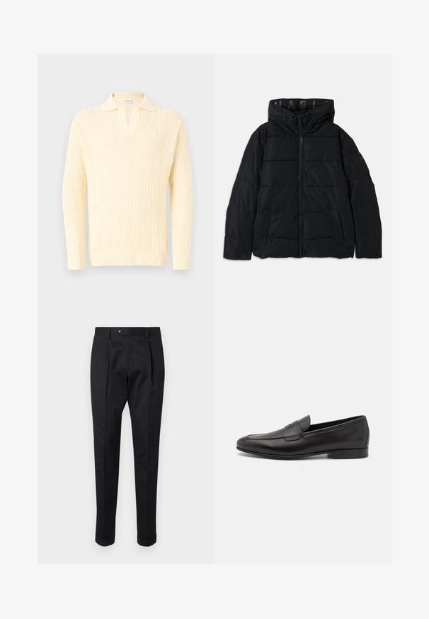 Veste matelassée noire avec capuche, dotée d'une fermeture zippée, d'un motif cousu et de poches latérales. Fabriquée en matériau léger et résistant à l'eau.; Pull crème avec un motif tricoté texturé, un col en V profond et un design avec col. Les poignets et l'ourlet côtelés rehaussent le style.; Pantalons noirs en tissu lisse, avec un pli à l'avant, une fermeture à bouton et des ourlets roulés à la cheville.; Mocassin pour homme en cuir noir avec un petit talon et un design classique à lanière penny, présenté en profil sur fond blanc.